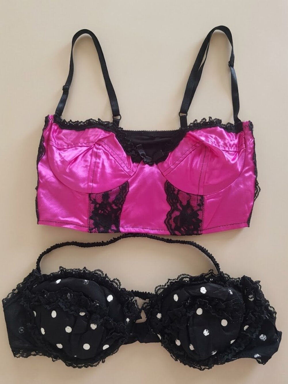 2 Pc Vintage Emil Bolé Lingerie Lot - Pink Bustier & Polka Dot Halter Bra